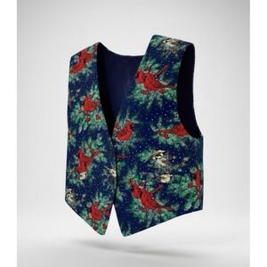 Cardinal Bird Print Holiday Vest Women Size M Navy Blue Christmas Winter Style